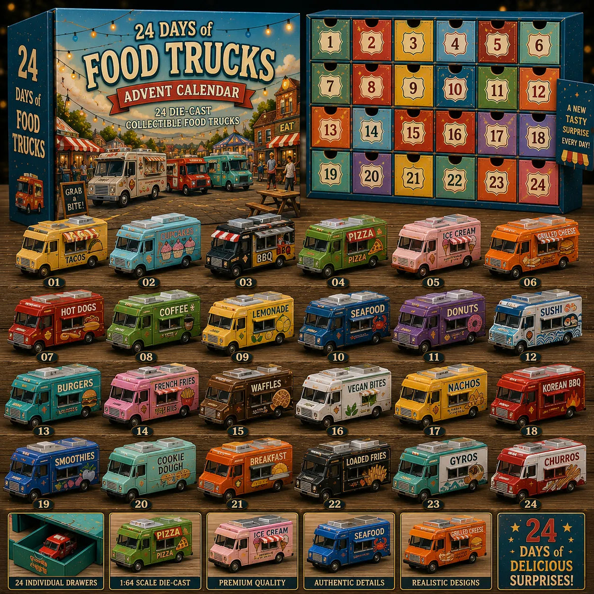 ⏰Limited Time 50% OFF:24 Days of Small-Town America Advent Calendar – 24 Collectible Miniature Vehicles