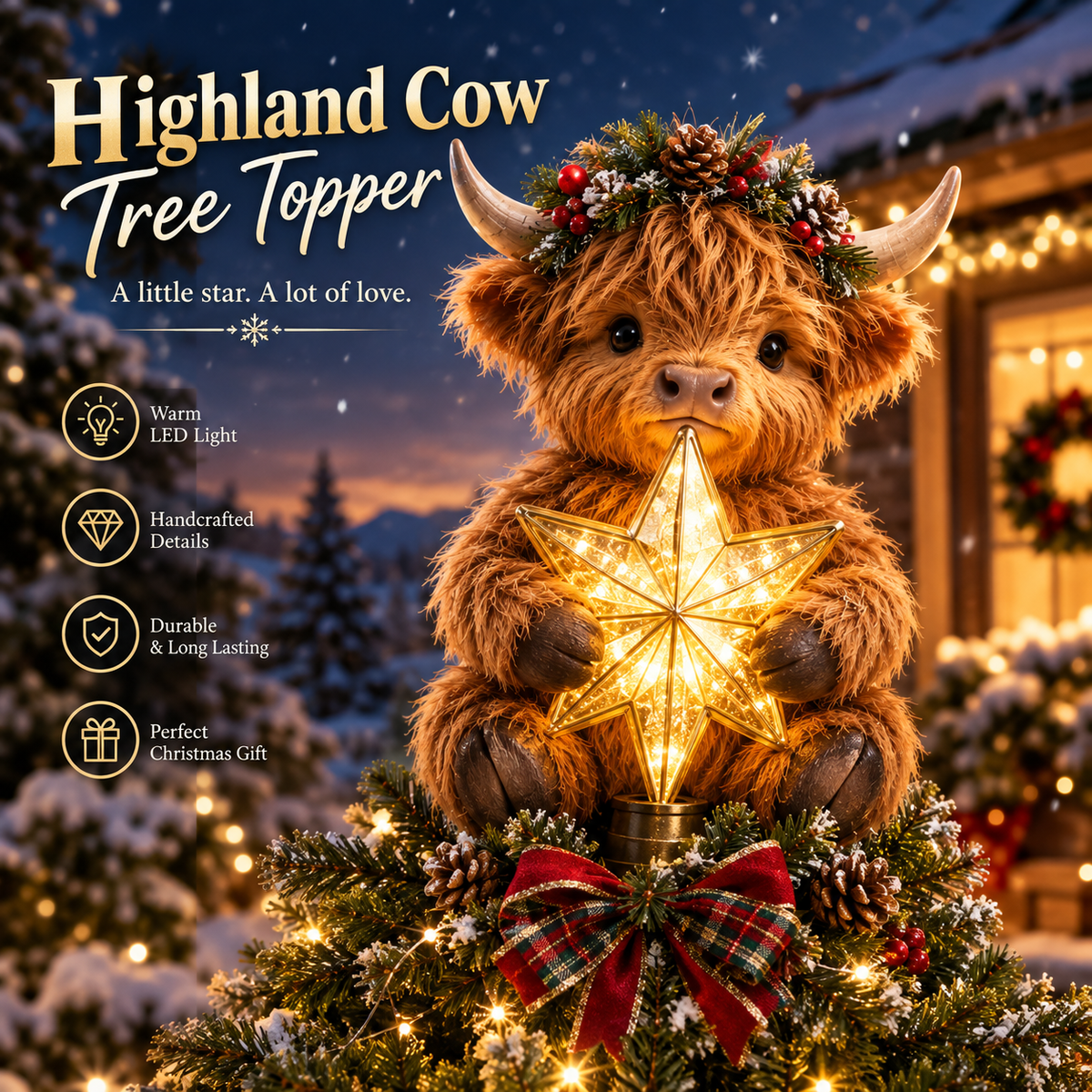 Buy 2+ Get FREE Shipping🎄✨ Baby Highland Cow Light‑Up Star Christmas Tree Topper