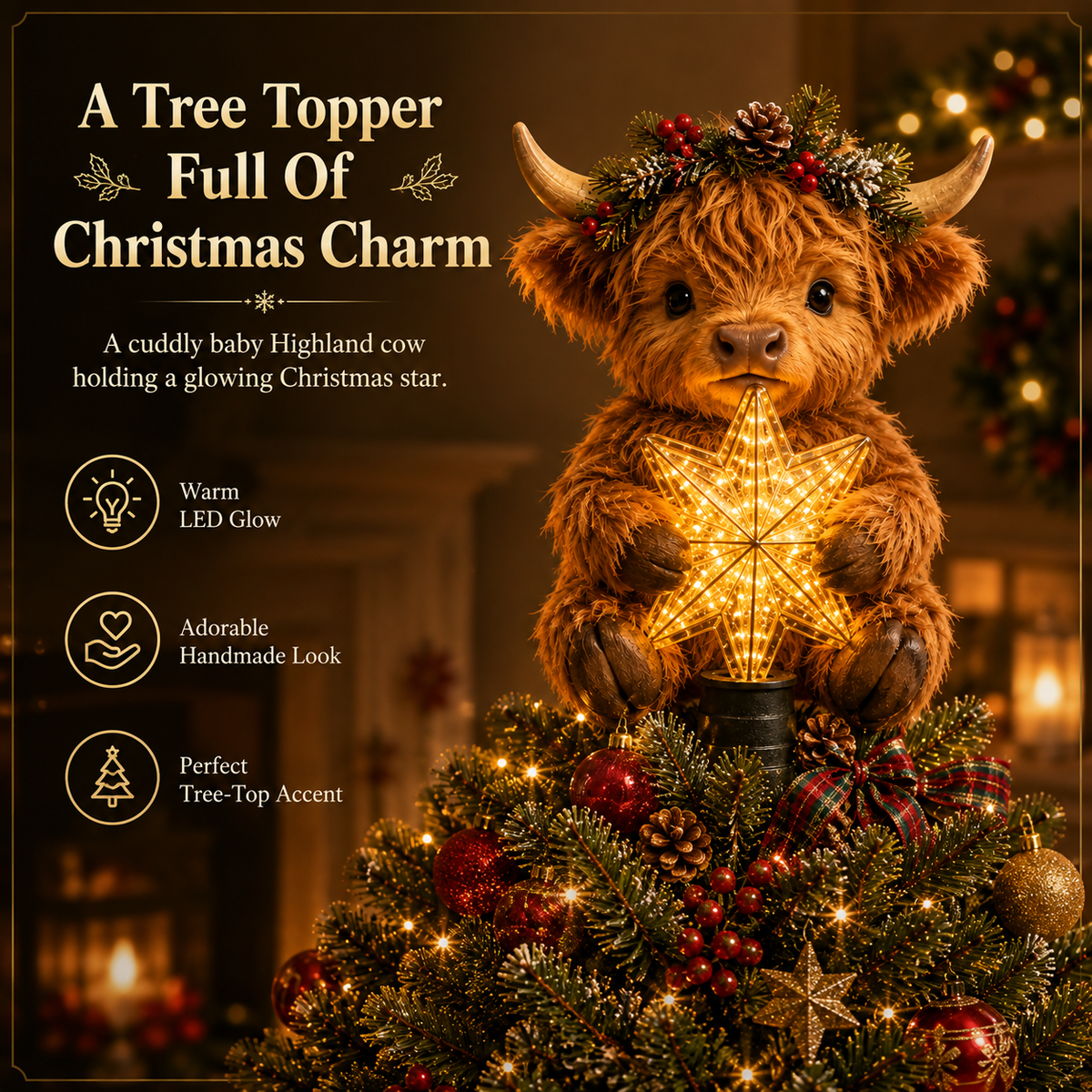 Buy 2+ Get FREE Shipping🎄✨ Baby Highland Cow Light‑Up Star Christmas Tree Topper