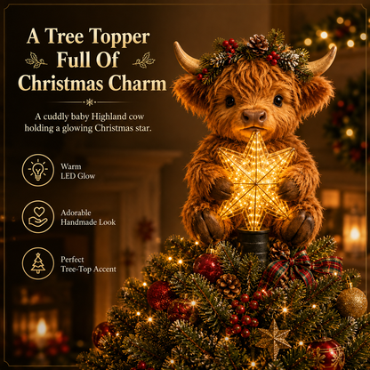 Buy 2+ Get FREE Shipping🎄✨ Baby Highland Cow Light‑Up Star Christmas Tree Topper