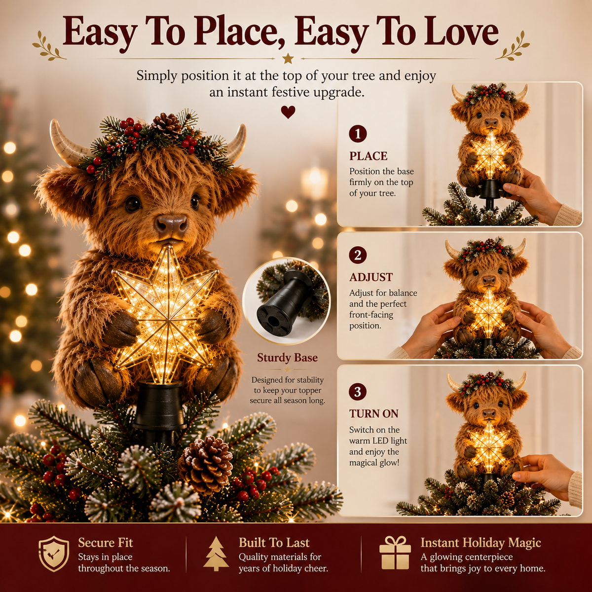 Buy 2+ Get FREE Shipping🎄✨ Baby Highland Cow Light‑Up Star Christmas Tree Topper