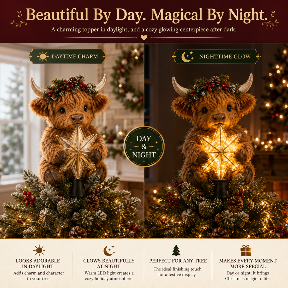 Buy 2+ Get FREE Shipping🎄✨ Baby Highland Cow Light‑Up Star Christmas Tree Topper