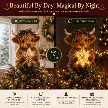 Buy 2+ Get FREE Shipping🎄✨ Baby Highland Cow Light‑Up Star Christmas Tree Topper
