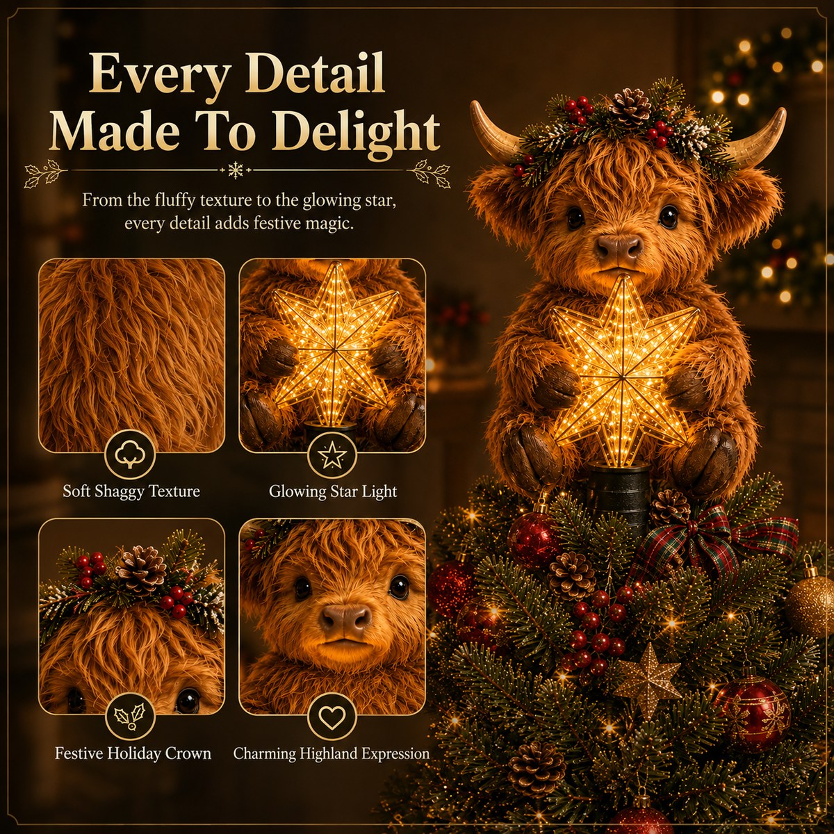Buy 2+ Get FREE Shipping🎄✨ Baby Highland Cow Light‑Up Star Christmas Tree Topper