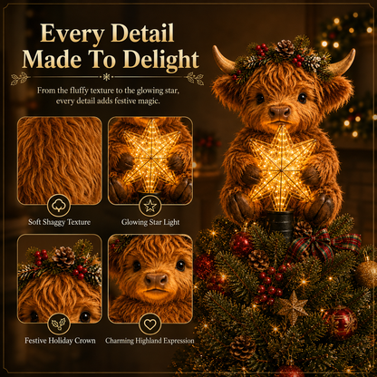 Buy 2+ Get FREE Shipping🎄✨ Baby Highland Cow Light‑Up Star Christmas Tree Topper