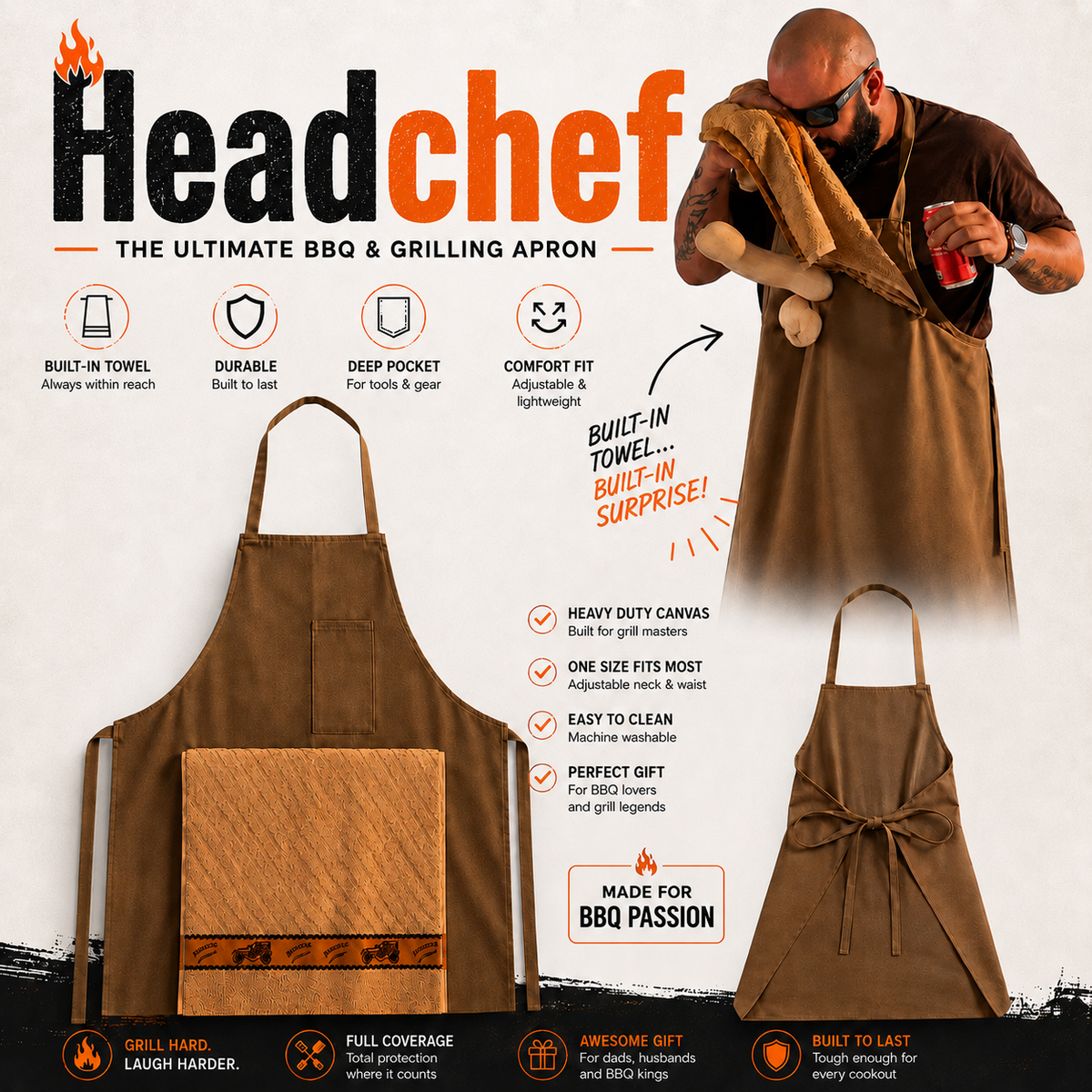 Funny BBQ Apron for Men – Head Chef Novelty Grilling Apron with Pocket