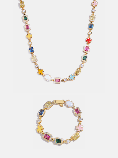 Multicolor Geometric Necklace and Bracelet Set -Plated Steel