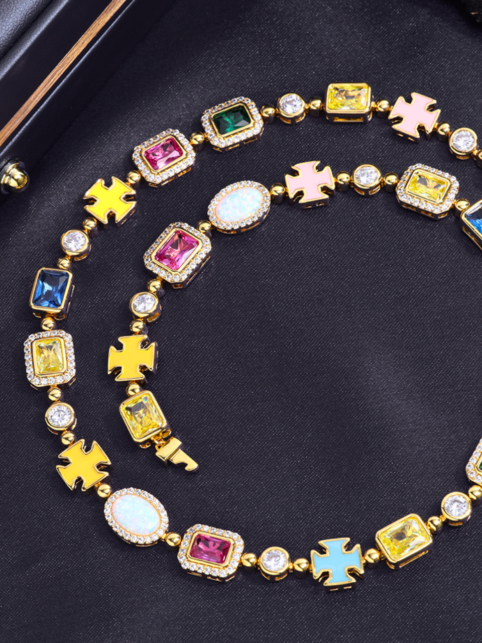 Multicolor Geometric Necklace and Bracelet Set -Plated Steel